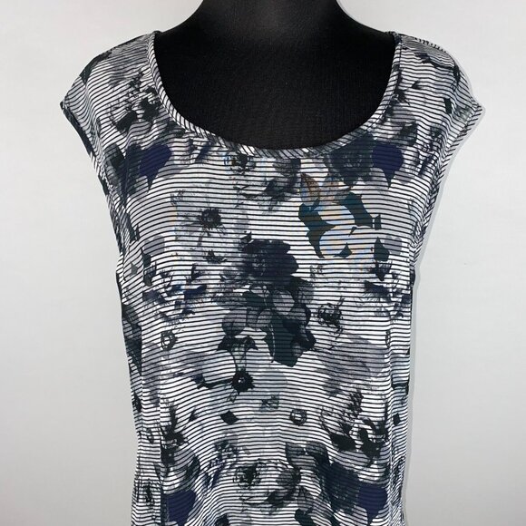 Studio Y Womens L Sheer Floral Striped Hi-Lo Hem Tunic Blouse Top Keyhole Back - Picture 2 of 15